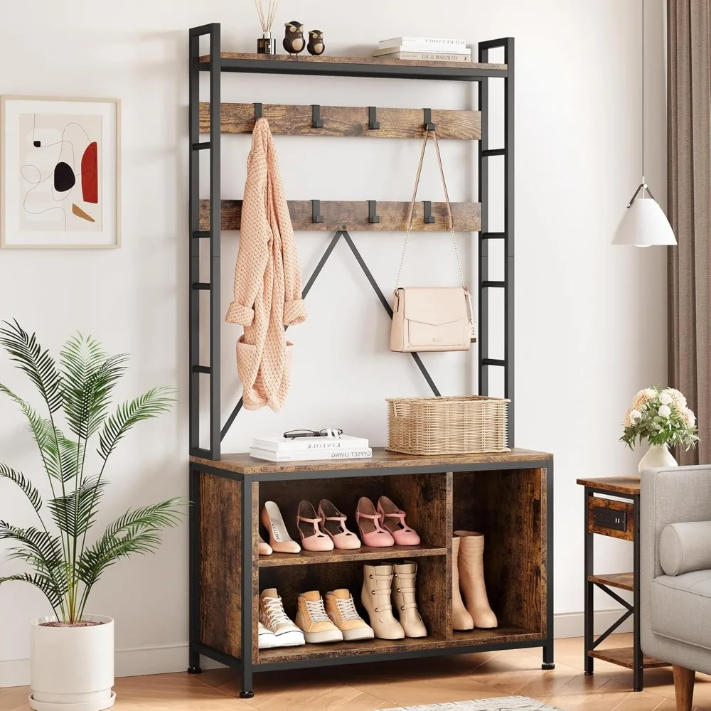 

Hall Tree with Bench 5 in 1 Coat Rack Freestanding Industrial Shoe Bench with 3 Storage Cubbies and 8 Hooks Entryway Coat Rack