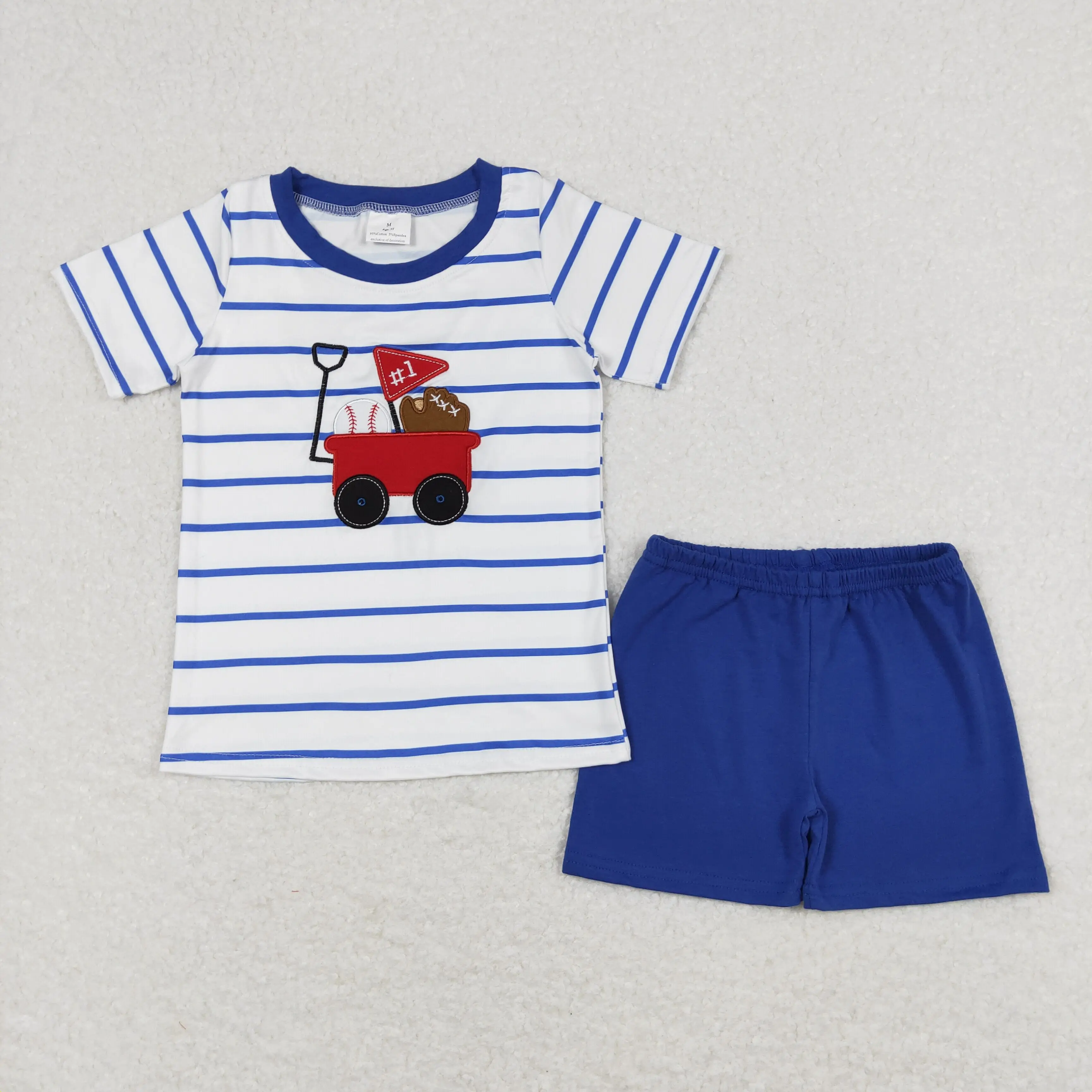 

BSSO0540 Wholesale boys sets Embroidered Baseball Cart Stripe White Short Sleeve Blue Shorts Set kids Boutique baby boy clothes