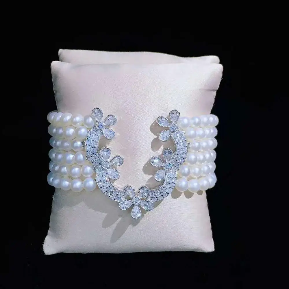 Hand knotted 3-4mm 5-6mm 8-9mm natural white pearl zircon clasp accessory necklace bracelet earrings set fashion jewelry