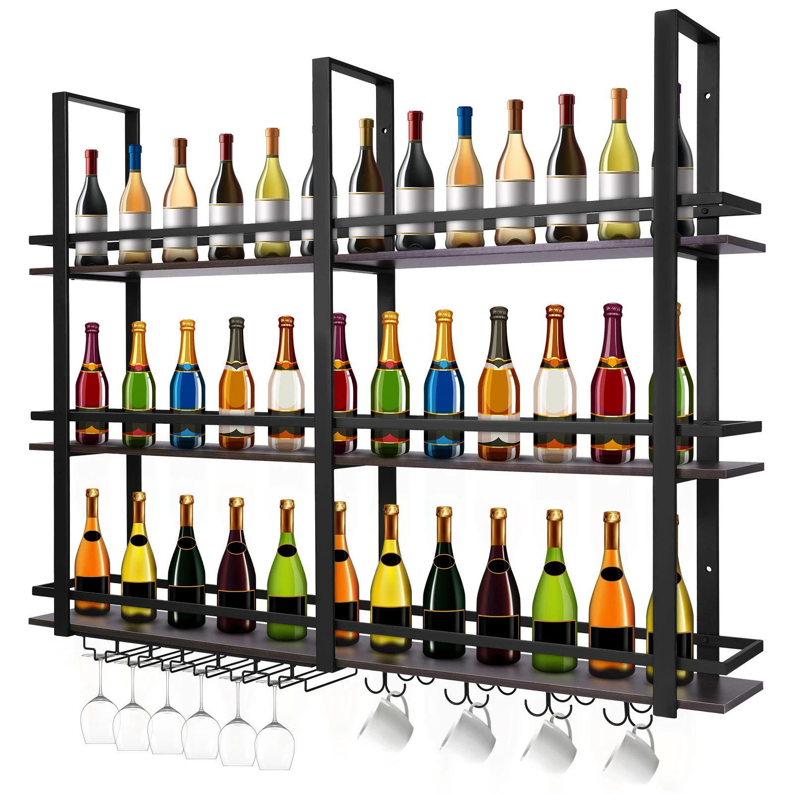 رف النبيذ المثبت على الحائط 3 أرفف بار معدنية 47 بوصة حامل زجاجة النبيذ رف معدني عتيق لغرفة الطعام والمطبخ #5