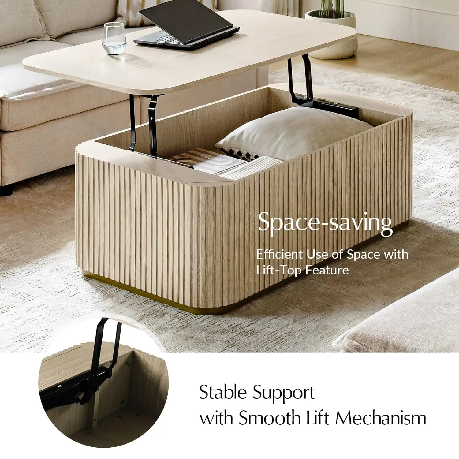 47" Lift Top Coffee Table With Storage, Large Modern Coffee Table With Drawers, Fluted Center Table For Living Room, Apartment,