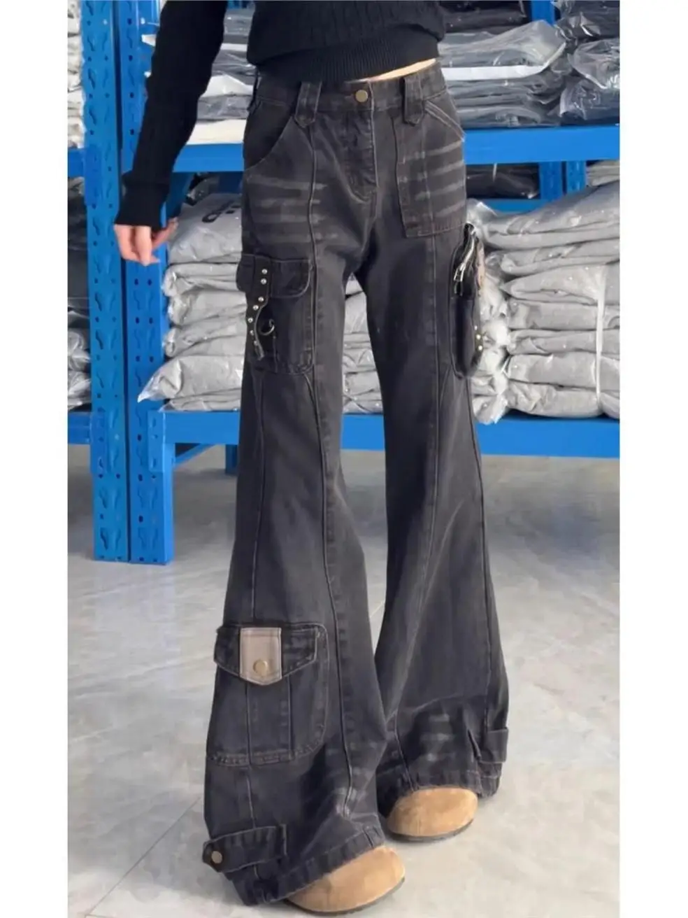 

plus Size Women's Retro Patchwork ket Workwear Jeans Loose Micro Flare Long Pants Punk Chic Sle l Waist Denim