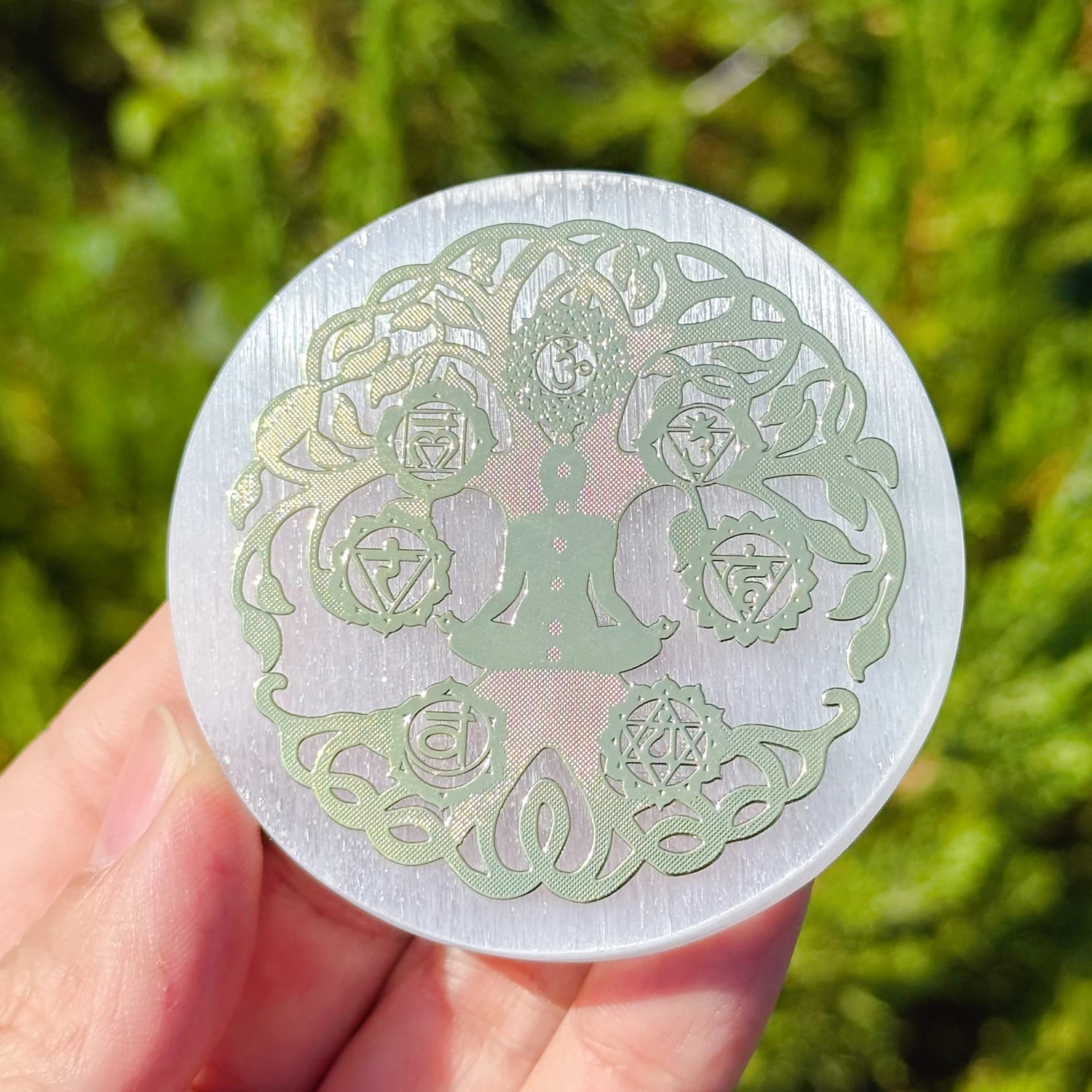 Natural Selenite Round Charging Plate, Gold Foil Engraved Tree of Life Yoga Sacred Symbols Disc, Home Decor Gift