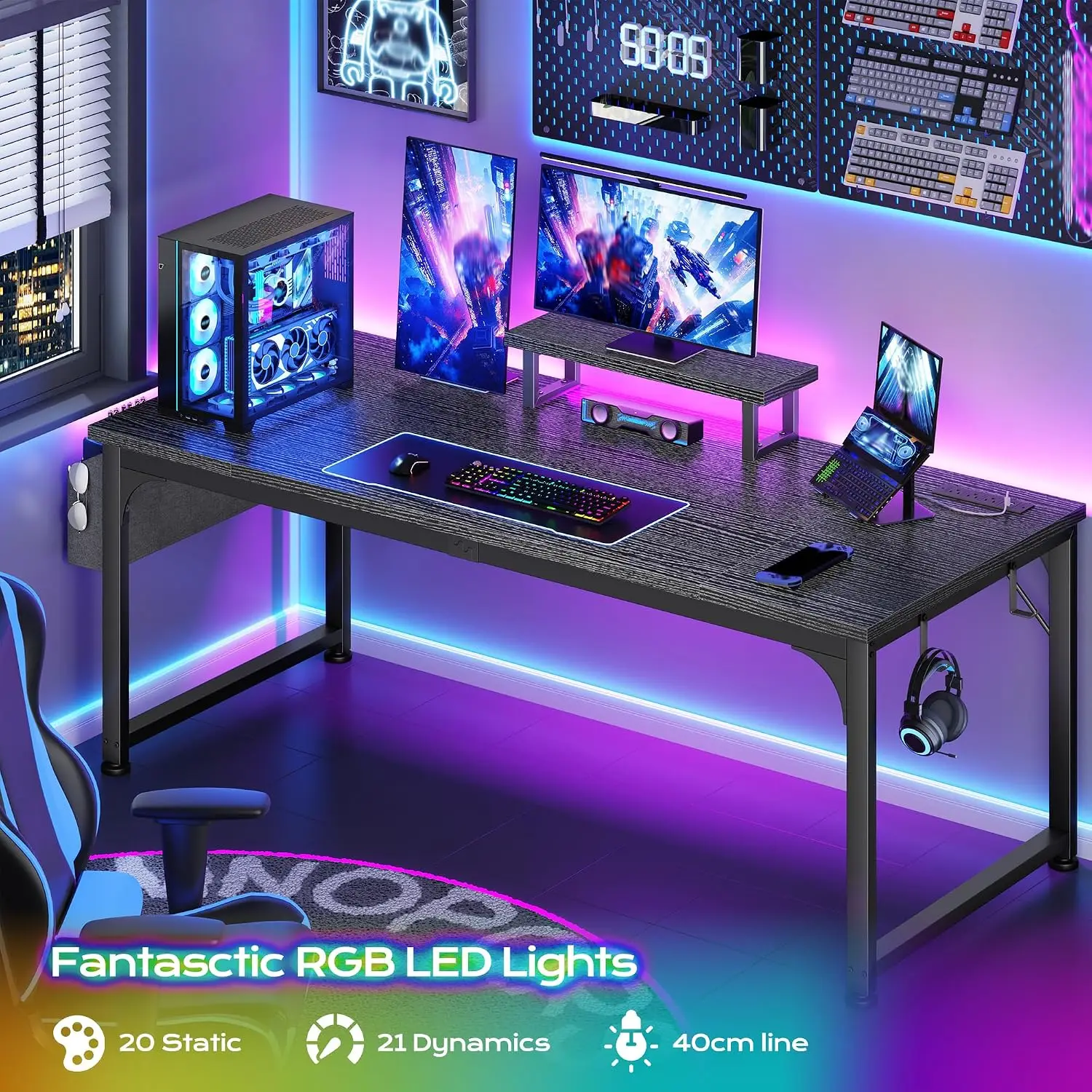 63 x 24 inch Large Gaming Desk, 24mm Thick Desktop with RGB LED, Computer Desk with Built-in Power Outlets,, Customized