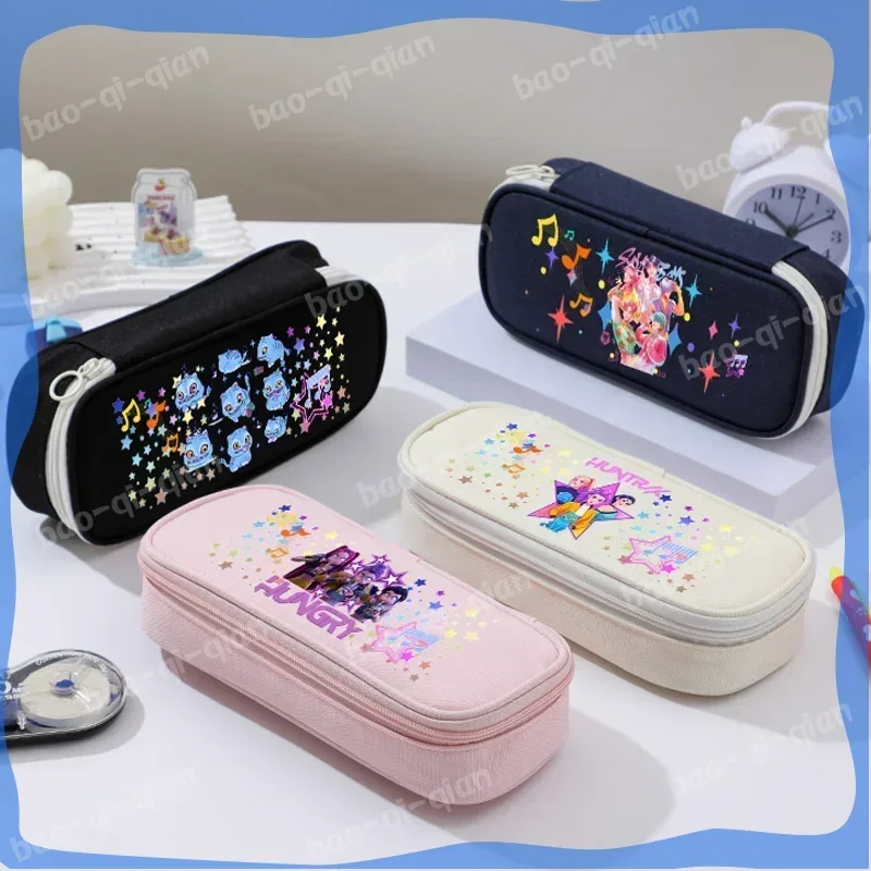 kpop Demon Hunters Oxford Cloth Student Pencil Box Lumi Mila Hunter Multi-layer Pencil Bag Pink Blue Black Whit - view 3