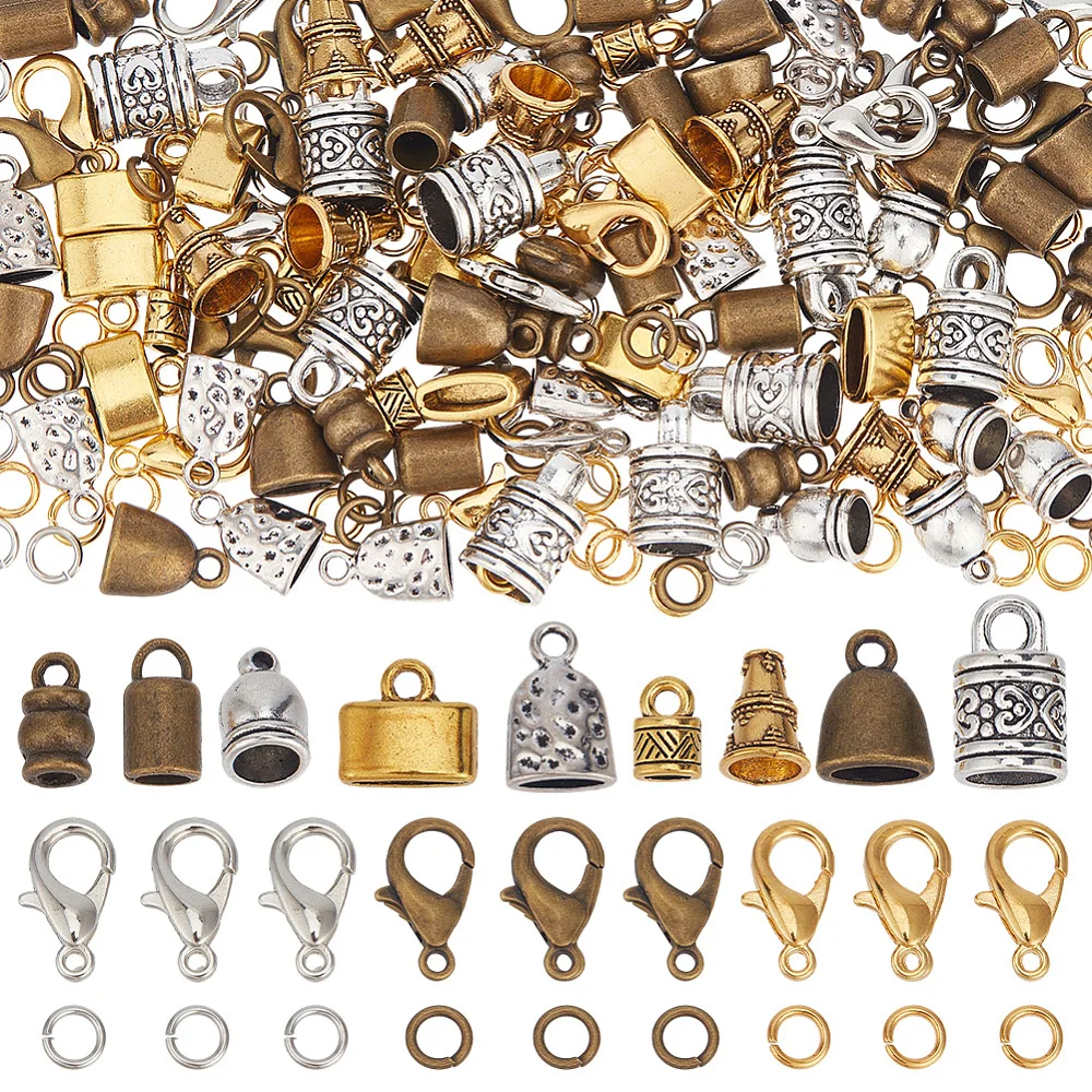 1 Box 210pcs Leather End Caps Kumihimo Bead Caps Vintage Golden Silver Tube Barrel Rope Tassel Cord Ends Terminal Kits Lobster