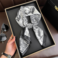 Monochrome Botanical Designer Print Scarf Women Silk Scarves Luxury Bandana Hijab Neckerchief Shawl Kerchief Hair Band Foulard