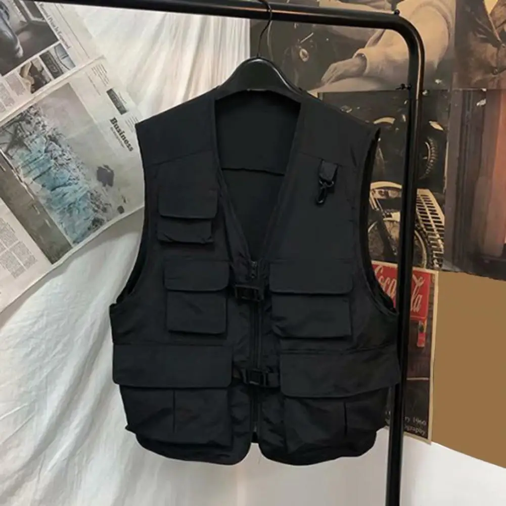 Men Casual Vest Coat V-neck Sleeveless Vest Multi Pockets Zipper Buckle Placket Waistcoat Outerwear Vest Summer Jacket