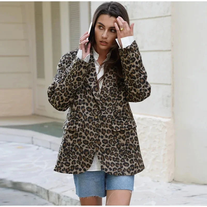 Leopard Print Women Blazer Suit Casual Notched One Button Long Sleeve Female Jacket 2024 Fashion Autumn Office Lady Outwear Coat