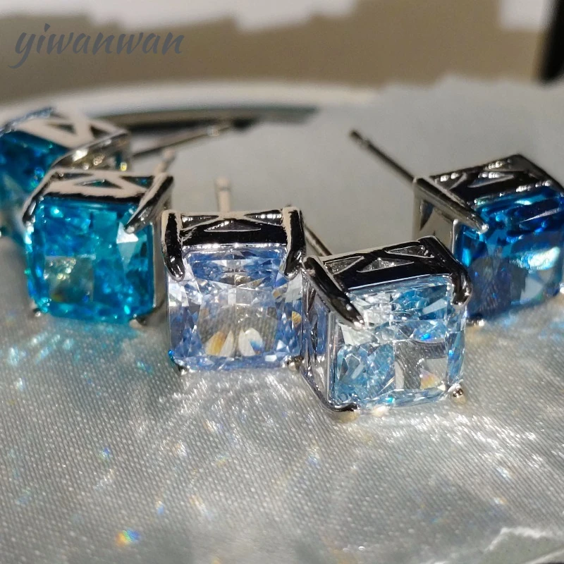 

High Carbon Diamond Square 925 Sterling Silver Stud Earrings Premium Color Ice Flower Cut Ladies Banquet Jewelry