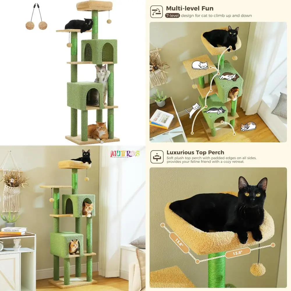 

Большая комнатная кошачья башня высотой 62 дюйма с многоуровневыми платформами, когтеточками, плюшевой кроватью и кошачьими комбайнами для больших кошек