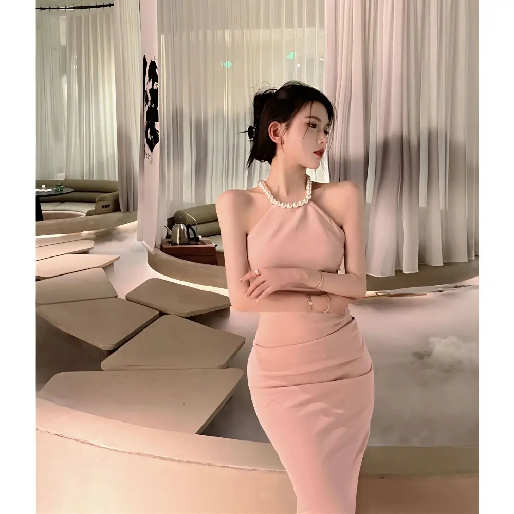 2024 Irregular Halter Neck Sexy Mature Women Party Dress Female Summer  French Elegant Pink Slim Waist Bodycon Split Long Dresses