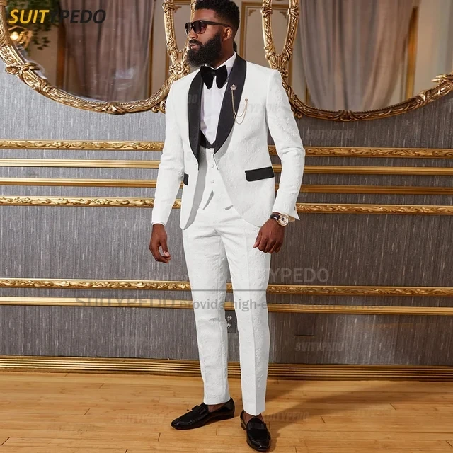 White Floral Suit for Mens Wedding Tuxedo 3 Piece Elegant Men\'s Suit Formal Party Clothes Shawl Collar Fashion Blazer Sets