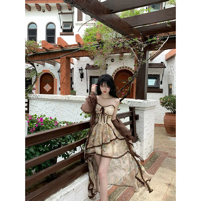 Abito longuette irregolare vintage Donna Boho Vacanza Abiti floreali con cinturino per spaghetti Festa estiva Coreano Ruffles Abiti aderenti Nuovo