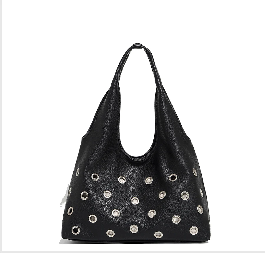 

Rivet underarm bag, commuter large-capacity shoulder bag, hollowed-out handbag, black punk style women shopper totes pu leather