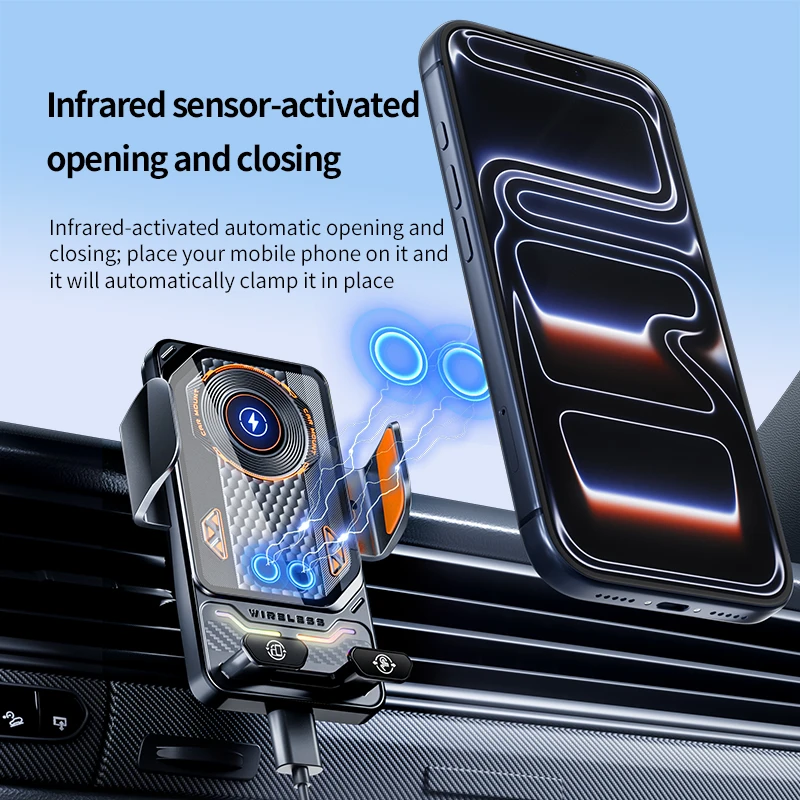 15W Auto Sensor Wireless Car Charger Mount RGB Carbon Fiber Phone Holder Fast Charge for All Smartphones Car Air Vent Dashboard view 3