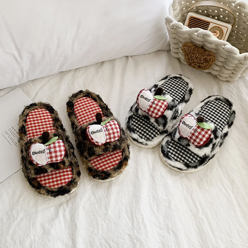 Winter Girls Embroidered Cotton Slippers New Warm Fluffy Children Leopard Flat Shoes for Home Soft Kids Open-toe Plush Slippers - view 4