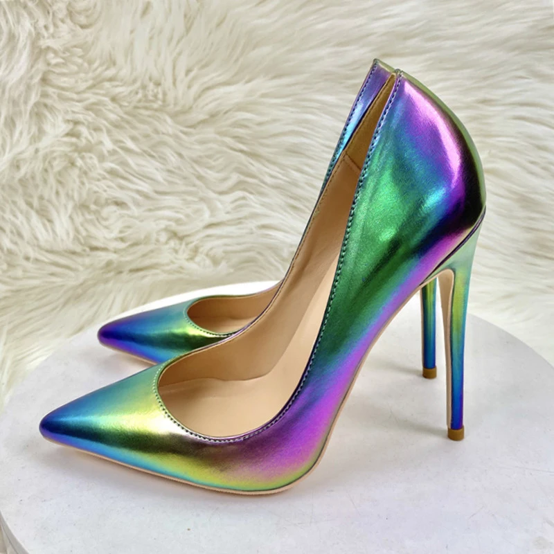 Glossy colorful mixed colors 12cm high thin heels rainbow pointed toe night club dating sexy women pumps QP182 ROVICIYA