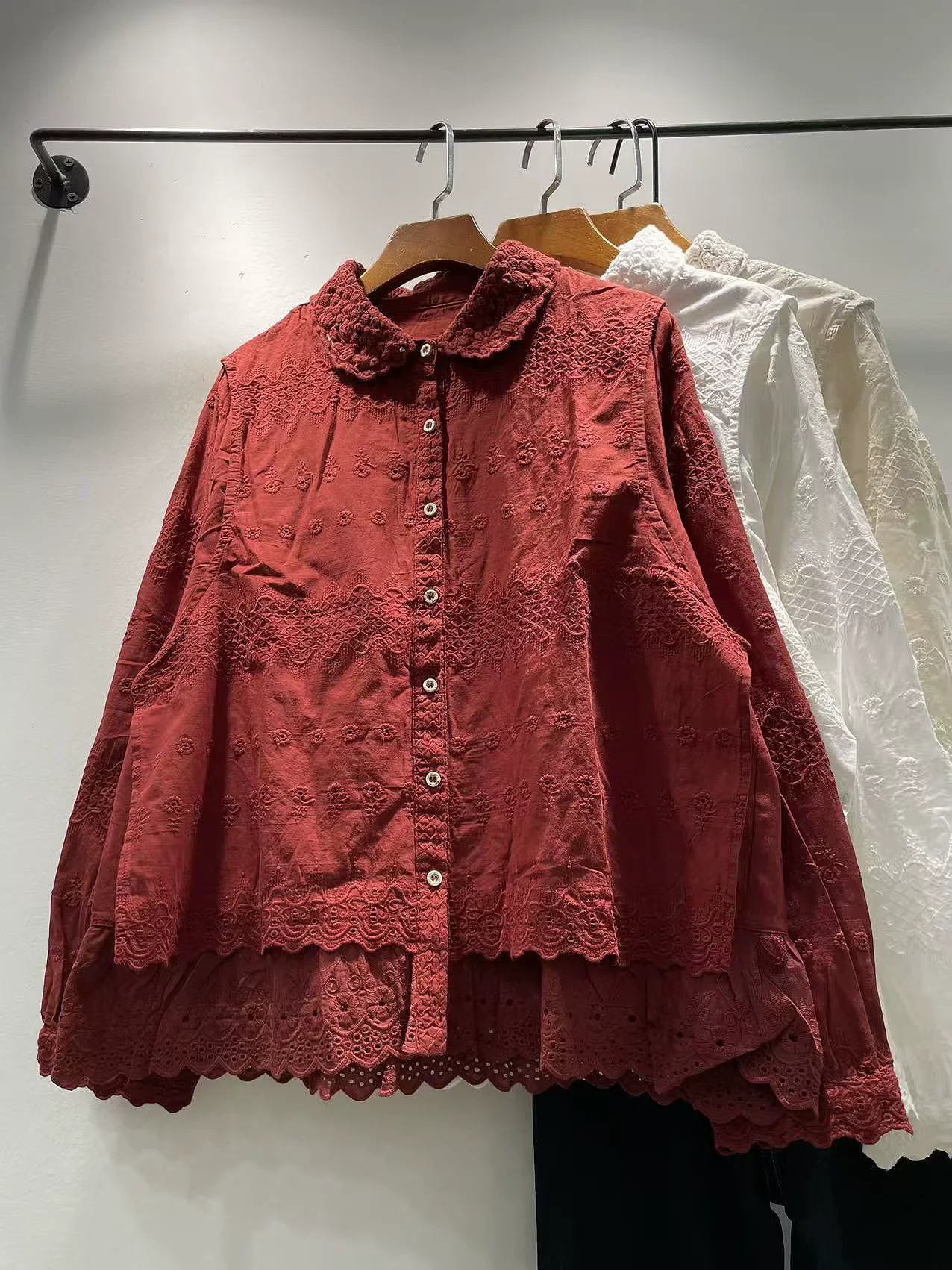 

2026 Elegant women shirts Japanese style pure cotton red white beige lace embroider shirts and blouses for women ladies clothes