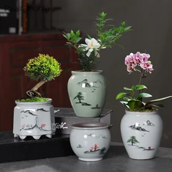 2024 New Desktop Ceramic Flower Pot Hand-painted Succulent Flowerpot Chinese style Orchid Hexagonal Purple Sand Flower Pot LF422