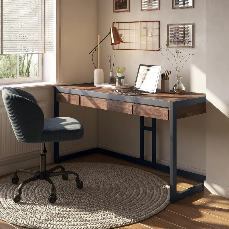 Solid wood and metal modern industrial home office desk, writing desk, workstation, study table furniture