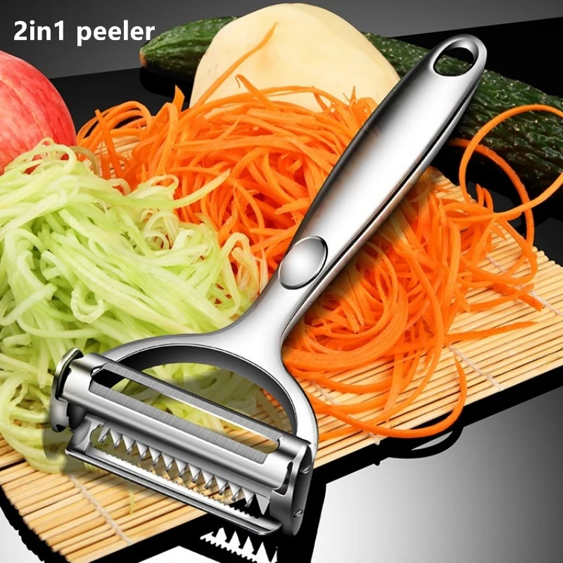 Household Kitchen Gadgets Vegetable Cutter Silk Cutter - 2in1ステンレス製野菜ピーラー、ポテトピーラー、多機能ニンジンおろし金、フルーツツール、キッチンアクセサリー、料理用ピーラー