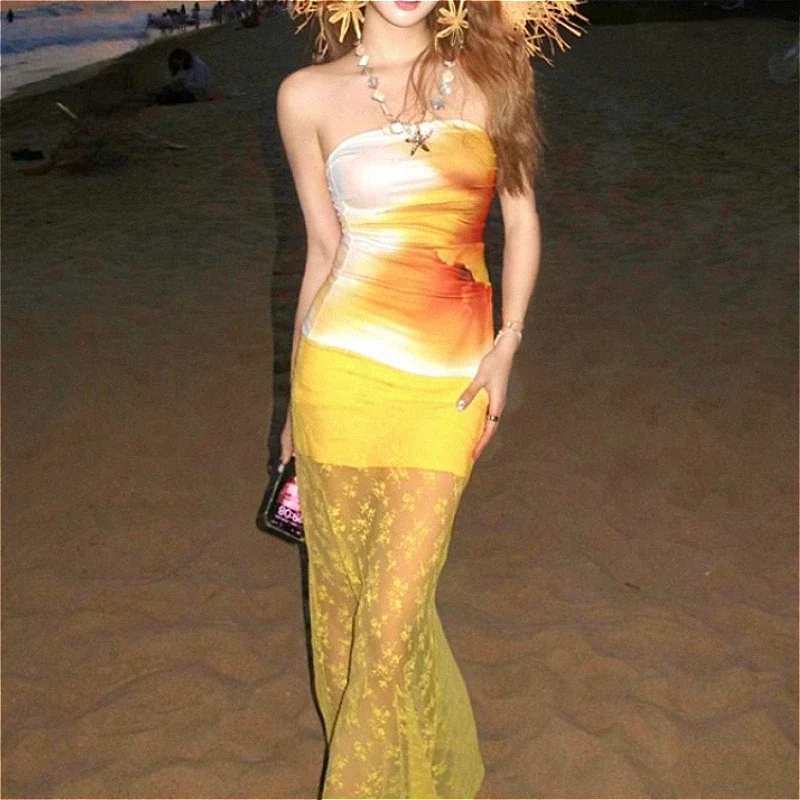 

Seaside Vacation Hottie Suit Women's Summer Print Tube Top with Yellow Lace Hip Wrap Fishtail Skirt