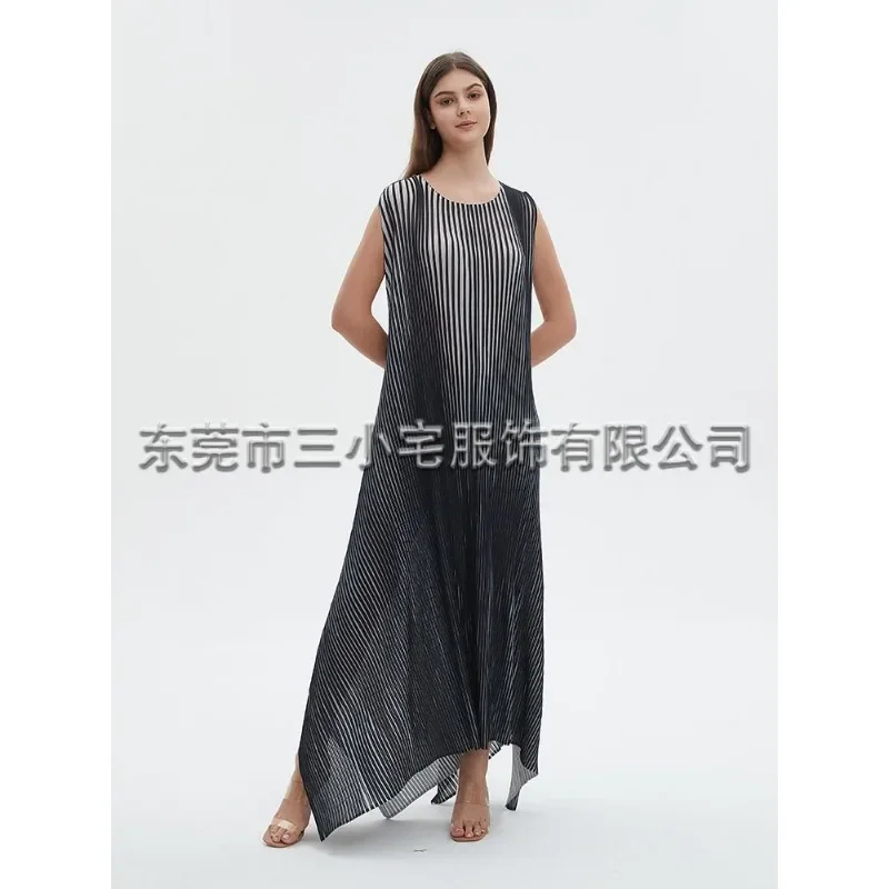 KAF Pleated Women Luxury Set Fashion Retro Stripe Design Loose Big Size Dress + Poncho 2024 Spring Autumn New Female 2 Piece Set