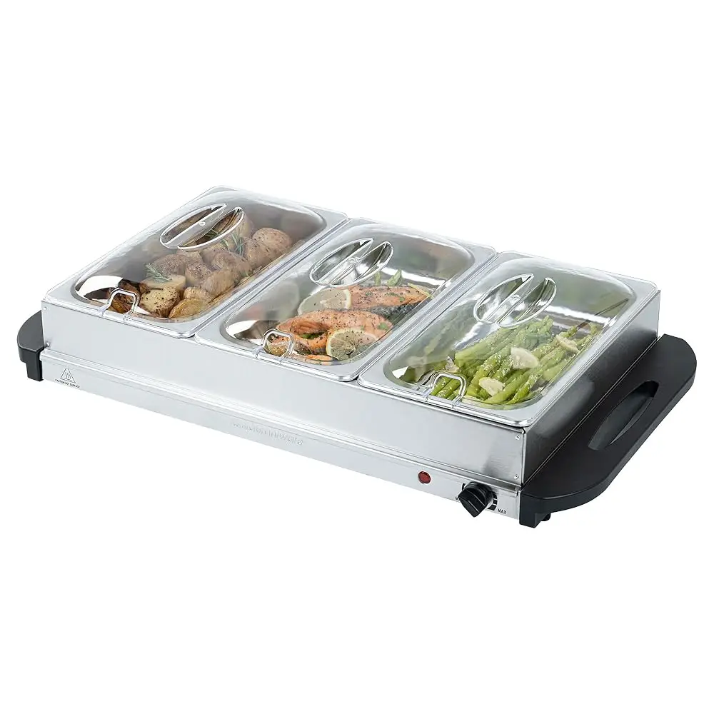 

-Kitchen Tek Electric Food Warmer, 1 Buffet Server With Temperature Control - Ludes 3 X 2.5 Quart Buffet Pans, Portable, Stainl