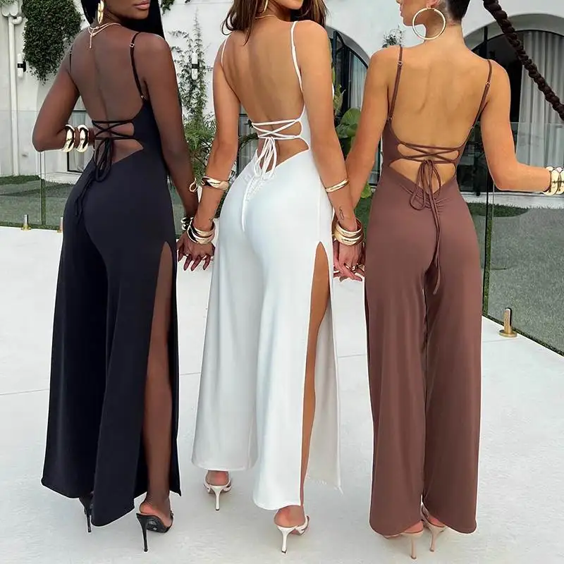 

Faionable Classic Women's Brown Wide Leg Jumpsuit Spring Summer New Arrival Bal Split Personalized Slimming Design