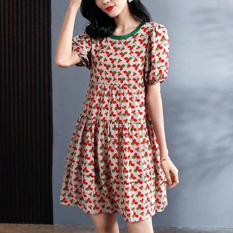 

2024 Women's Summer Dresses Elegant Short Sleeve High-waist Chic 100% Real Silk Loose Floral Printed A-line Women Dress Casual