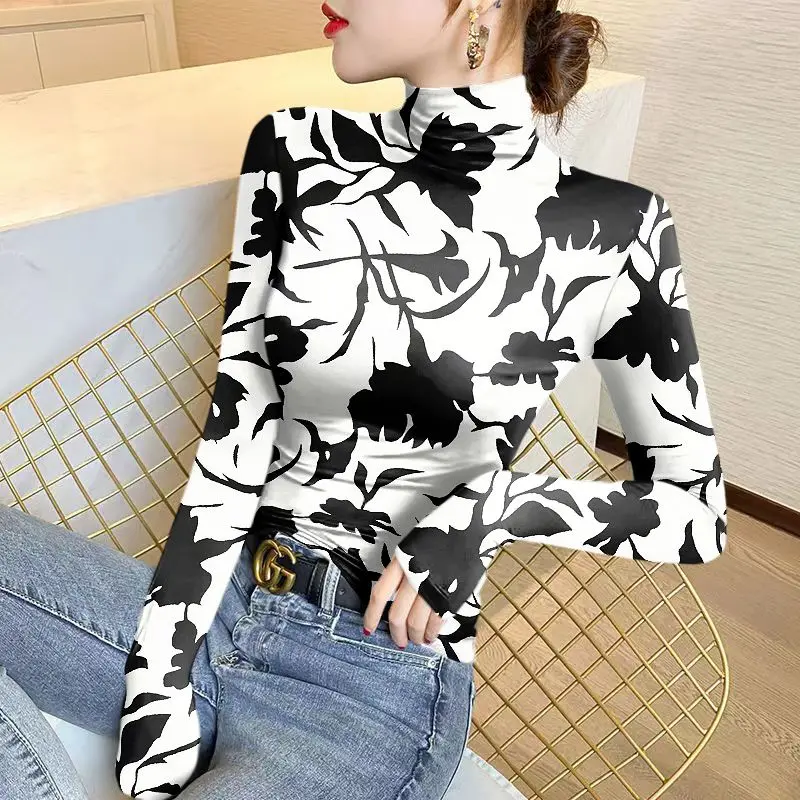 

Women's Half High Collar Underlay Autumn and Winter New Fashion Color Locked Printing Long Sleeve Pullover T-shirt Slim Tops