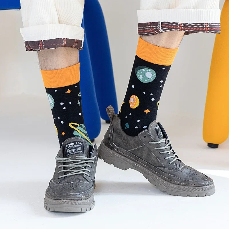 6 Pairs Unisex Funny Socks Space Printi Cotton Midi Crew Socks Sports Football Socks for Women Men Boys Girls Hip-hop