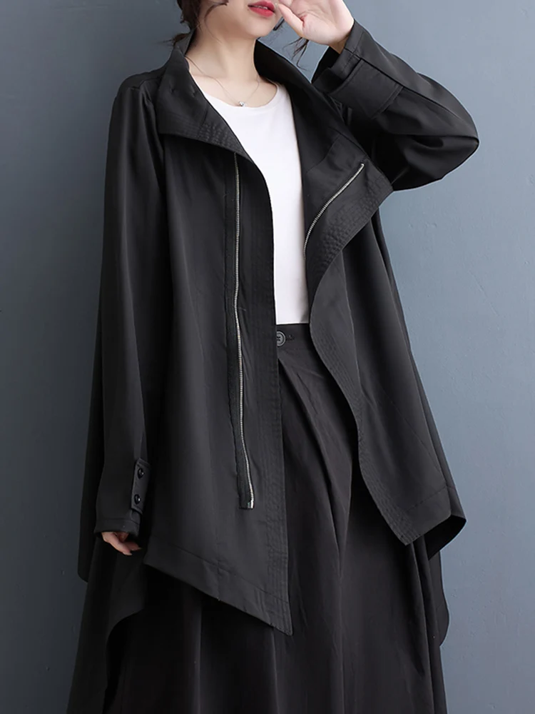 2024 Spring Autumn Black Vintage Asymmetrical Jacket Women Coat Casual Loose All Match Oversized Fashion Stand Collar Outerwear