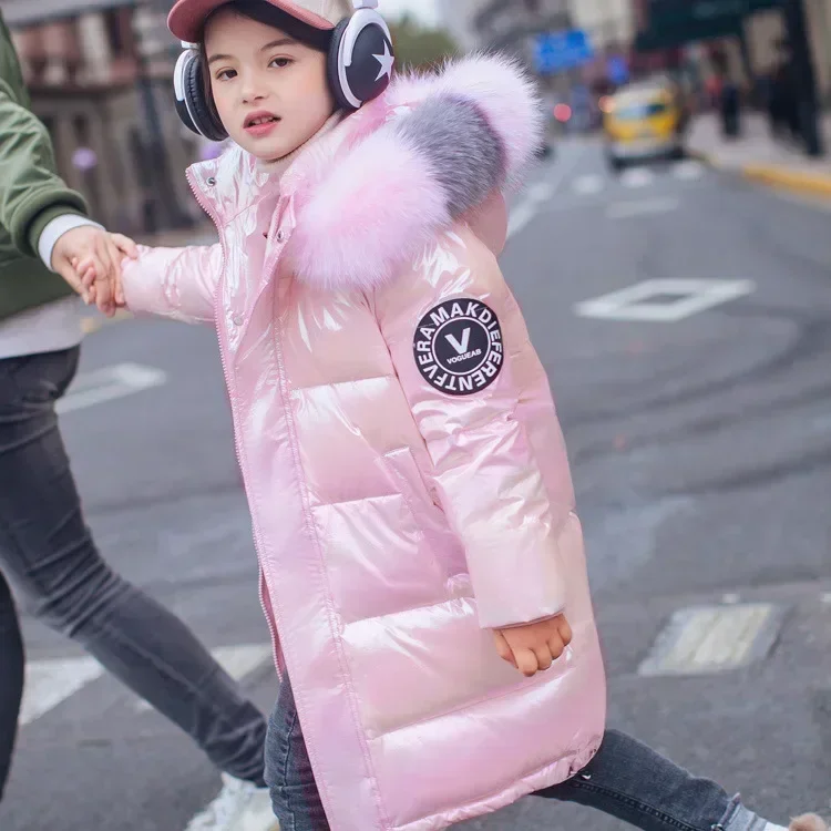 Girls Down 2024 New Padded Jacket Long Girls Big Children Western Style Bright Face Winter Coat Padded Jacket Fashion Clothes