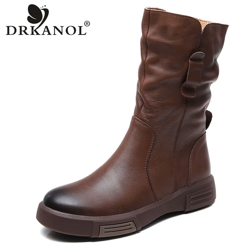 DRKANOL 2024 Women Mid-Calf Boots Autumn Winter Warm Plush 100% Genuine Cow Leather Pleated Side Zipper Trend Flat Boots Female