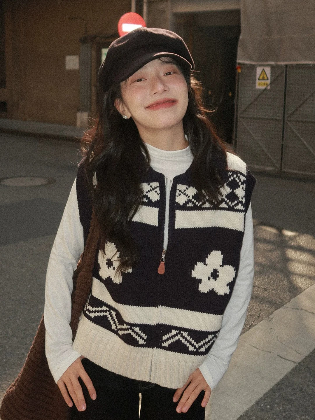 Color Block Knitted Zipper Sweater Vest Women Spring Autumn Loose Fit Layering Collared Thermal Polyester Acrylic Nylon