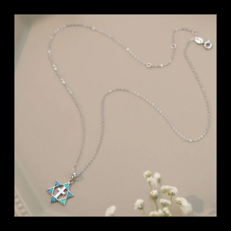 الأزرق أوبال S925 الفضة السداسية الصليب قلادة الأزياء والمجوهرات الاتجاه تنوعا #3