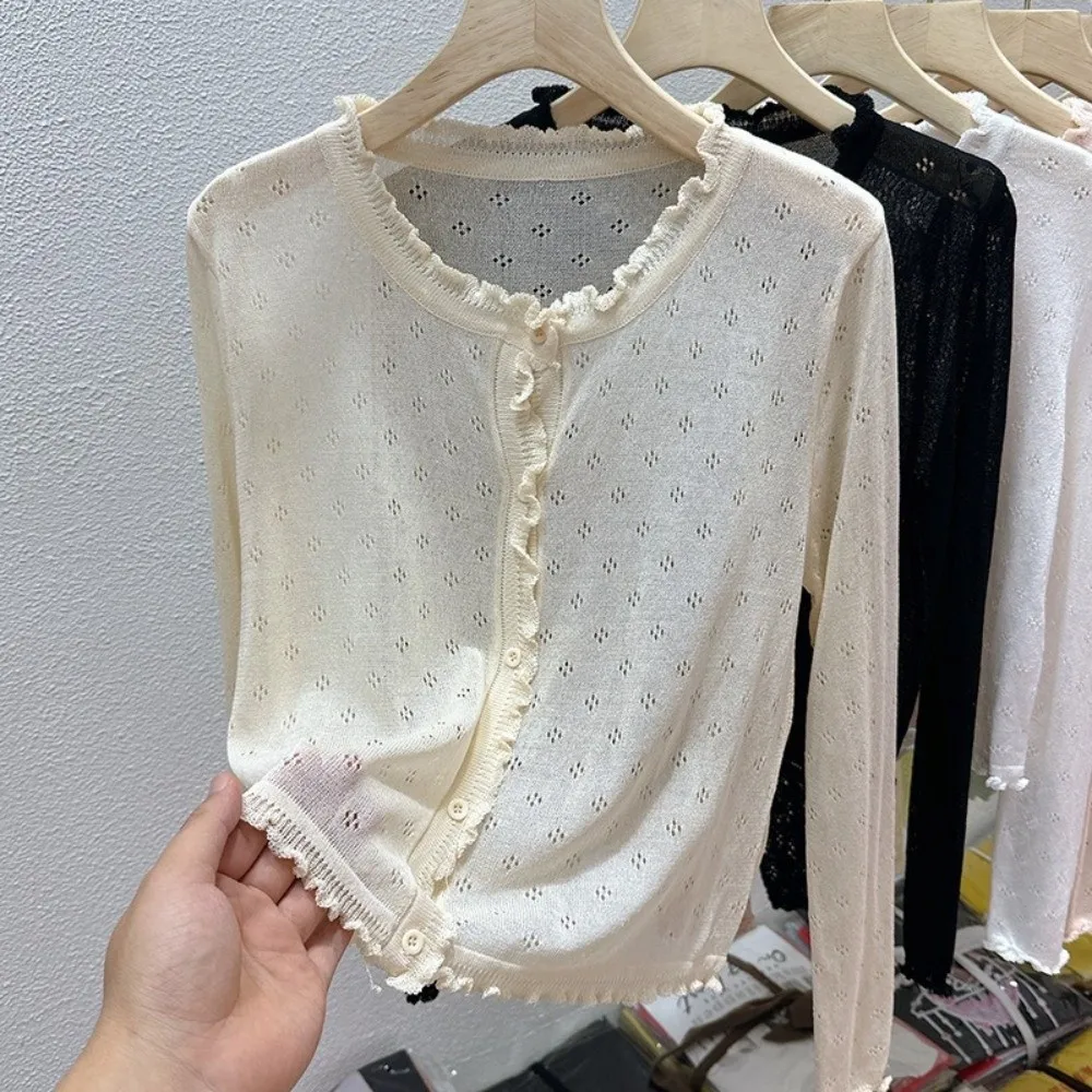 New O-Neck Design Thin Knitted Cardigan Slim Fit Hollow Out Long Sleeve Cardigan Button Closure Short Tops Women