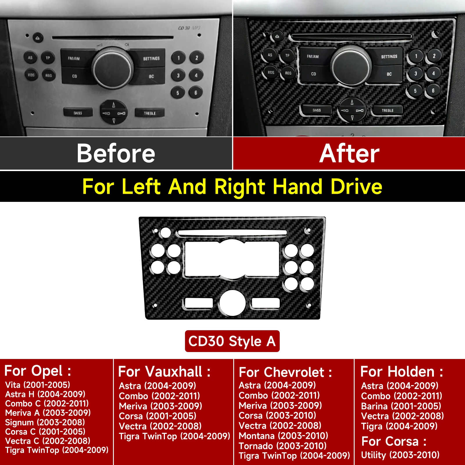 Painel Central de CD/MP3 para Carro. Adesivo de Acabamento em Fibra de Carbono. Para Vauxhall Astra Combo Meriva Corsa Vectra Tigra TwinTop CD30.