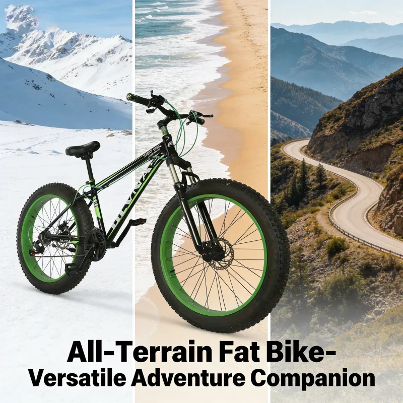 

26 Inch Fat Tire Mountain Bike Black & Green Wide Wheel Snow Bike with Variable Speed System And Disc Brakes for Students