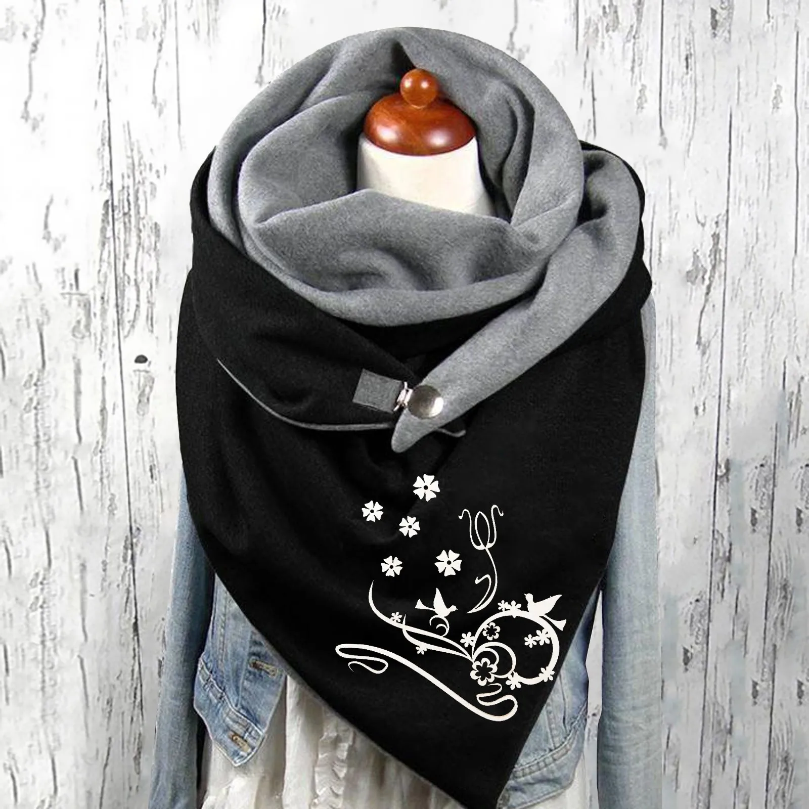 Women's Bohemian Retro Style Printings Triangle Scarf Winter Warm Short Scarves Button Soft Comfortable Ladies Wrap Shawls