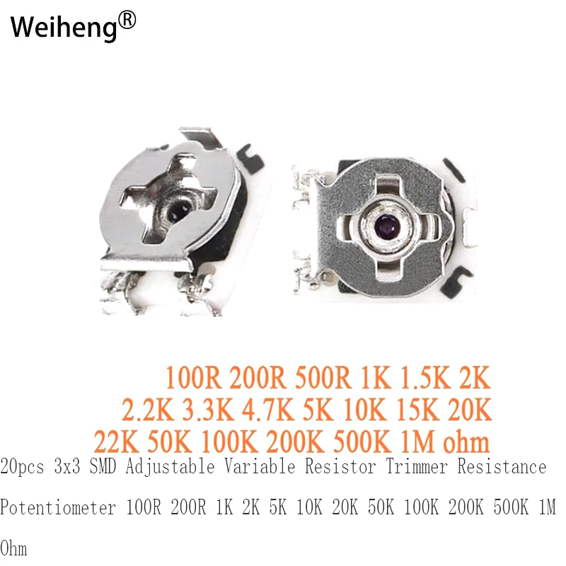 مقاوم متغير قابل للتعديل ، مقياس الجهد المقاومة الانتهازي ، 100R ، 200R ، 1K ، 2K ، 5K ، 10K ، 20K ، 50K ، 100K ، 200K ، 500K ، 1 م ، أوم ، 3 × 3 سمد ، 20 قطعة