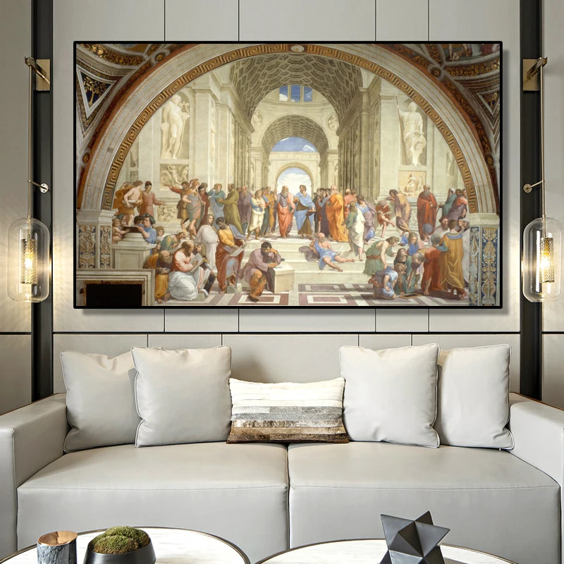 Famosa escuela de arte de pintura de Atenas de Raphael, carteles e impresiones sobre lienzo, imágenes artísticas de pared