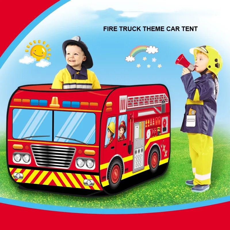 Tente de voiture pliable pour enfants, camion de pompiers pour enfants, voiture de police, bus scolaire, camion de bonbons, maison de jeu intérieure et extérieure avec toit ouvrant