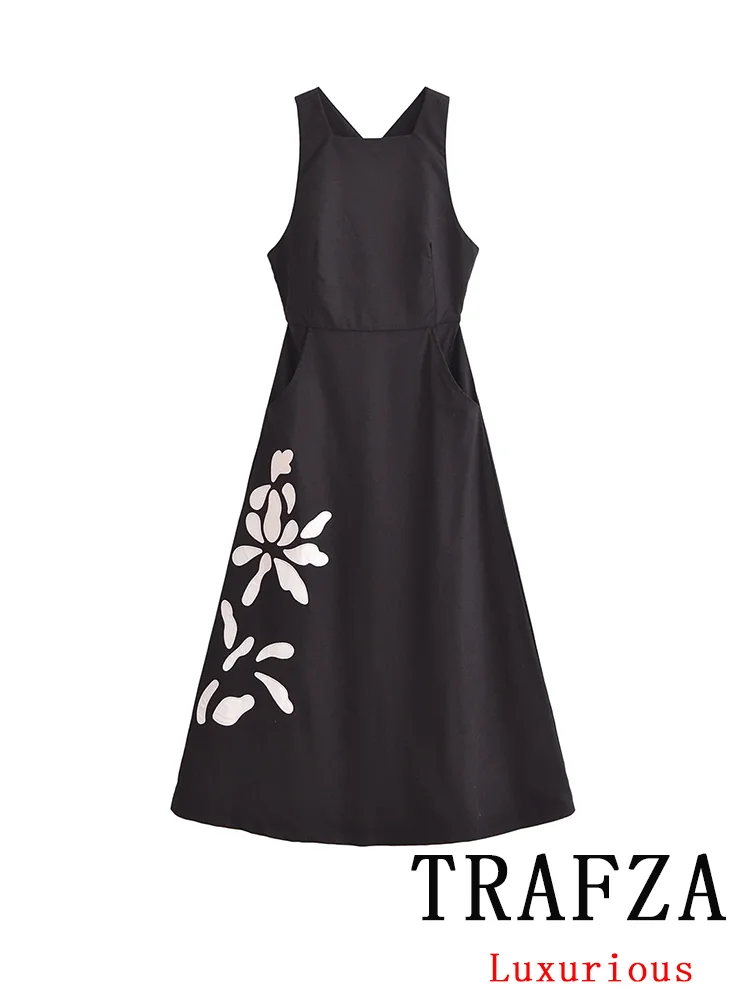 TRAFZA Vintage Chic Women Dress ricamo Slash Neck senza maniche Zipper Slim Dress Fashion 2024 Summer Holiday Loose Dress