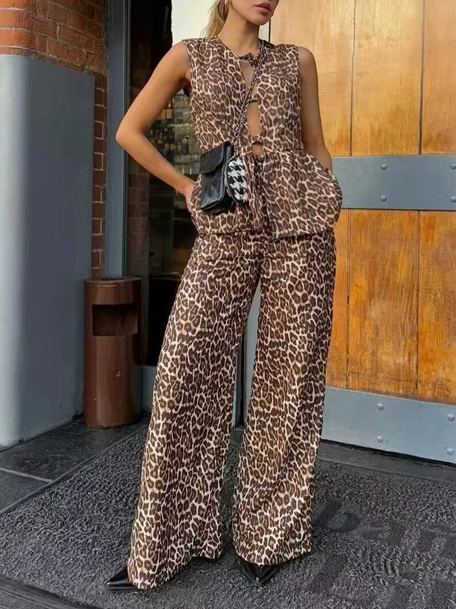 Women 2-Piece Leopard Set V-Neck Bow Lacing Loose Flowy Hem Tank Tops Wide Leg Long Pants Outfits