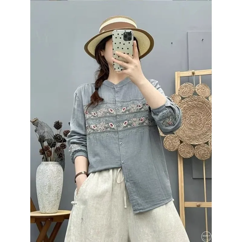 Literary Retro Ethnic Style Embroidered Stand Collar Long-sleeved Shirt 2025 Autumn New Loose Top