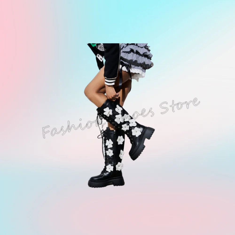 

White Flowers Decor Lace up Black Boots Matte Leather Women Shoes Chunky High HeelsParty Banquet Dating 2025 Zapatos Para Mujere