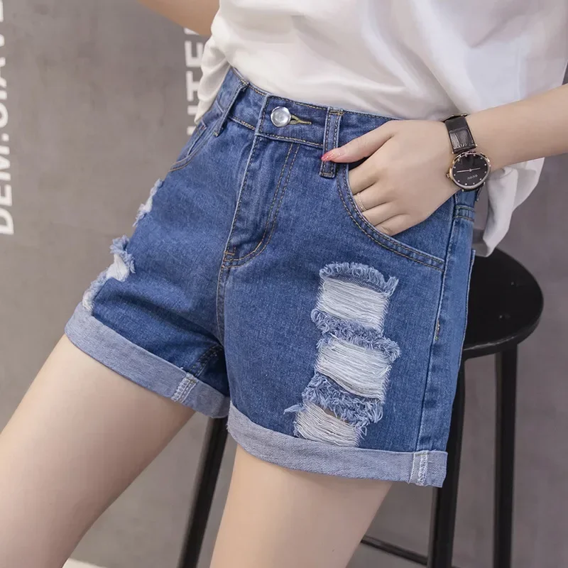 

Containing Cotton High-waisted Rolled Edge Broken Holes Denim Shorts Female Korean Version of The Student Women Clothing